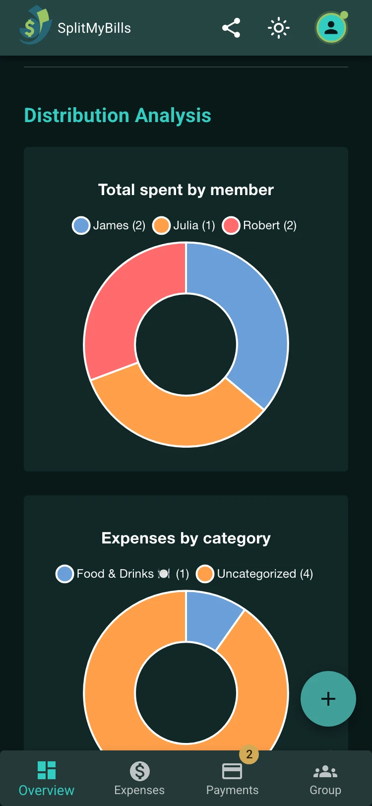 Expense distribution analysis with charts by member and category