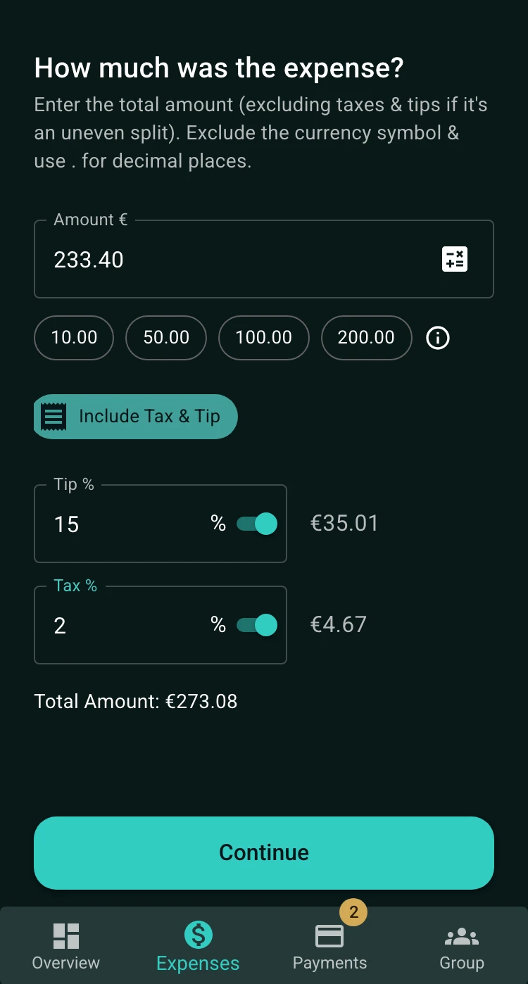 Tip calculator showing tax, tip, and total amount fields