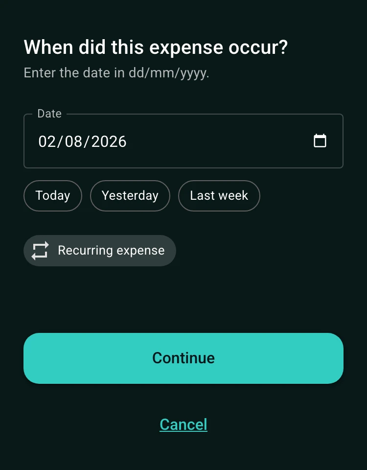 Expense date screen with a recurring expense option