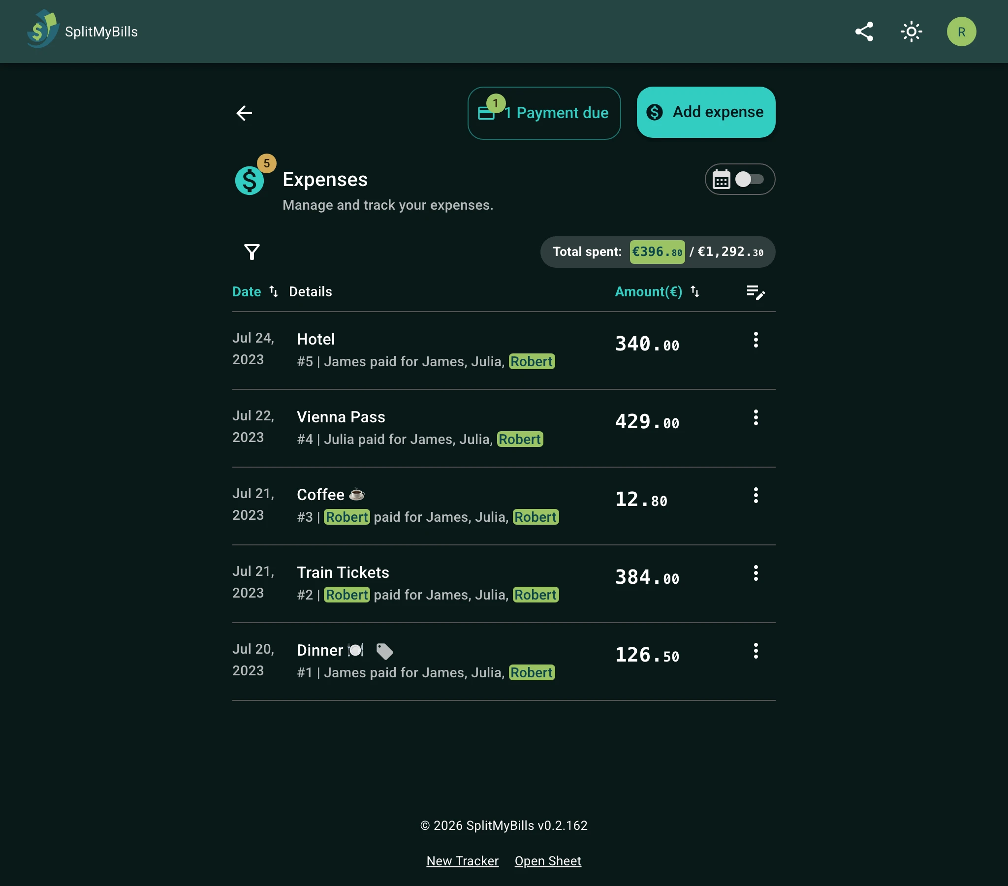 Expense list showing travel costs, payers, and participating members