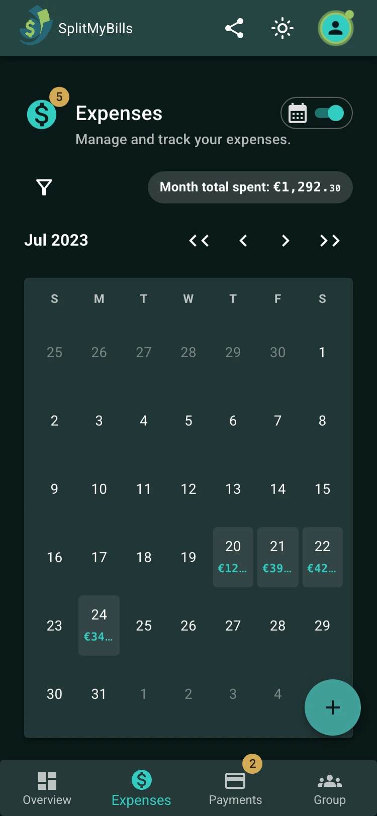 Calendar view showing expenses across multiple billing dates