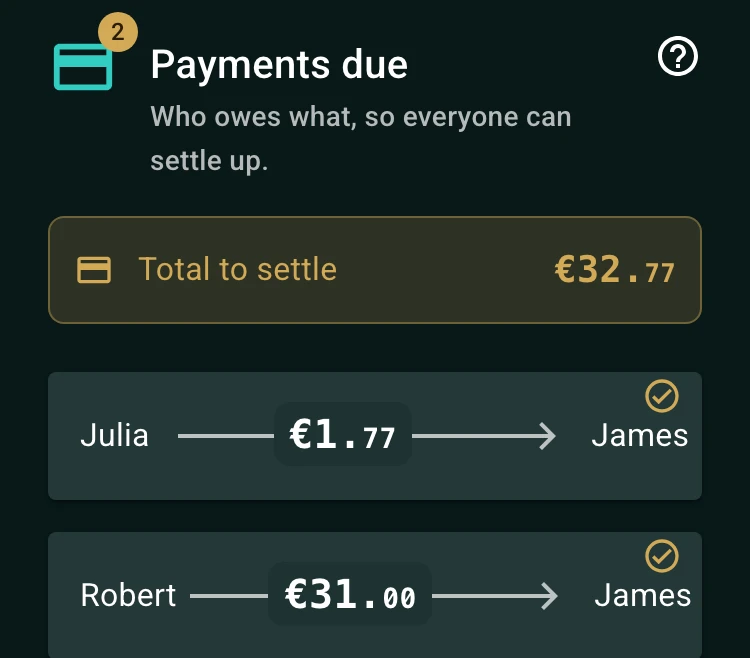 Payments due screen showing balances between group members