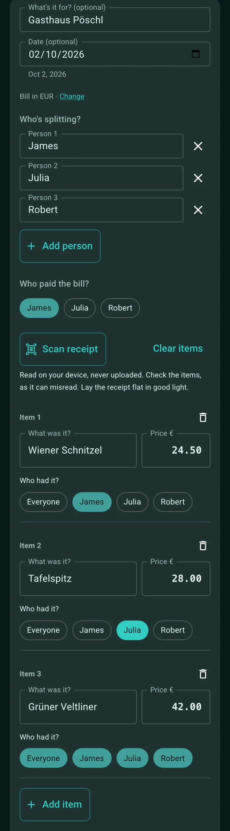 Bill splitter for Gasthaus Pöschl on Oct 2, 2026 with James, Julia and Robert, James chosen as who paid the bill: Wiener Schnitzel €24.50 for James, Tafelspitz €28.00 for Julia, and a €42.00 Grüner Veltliner shared by everyone