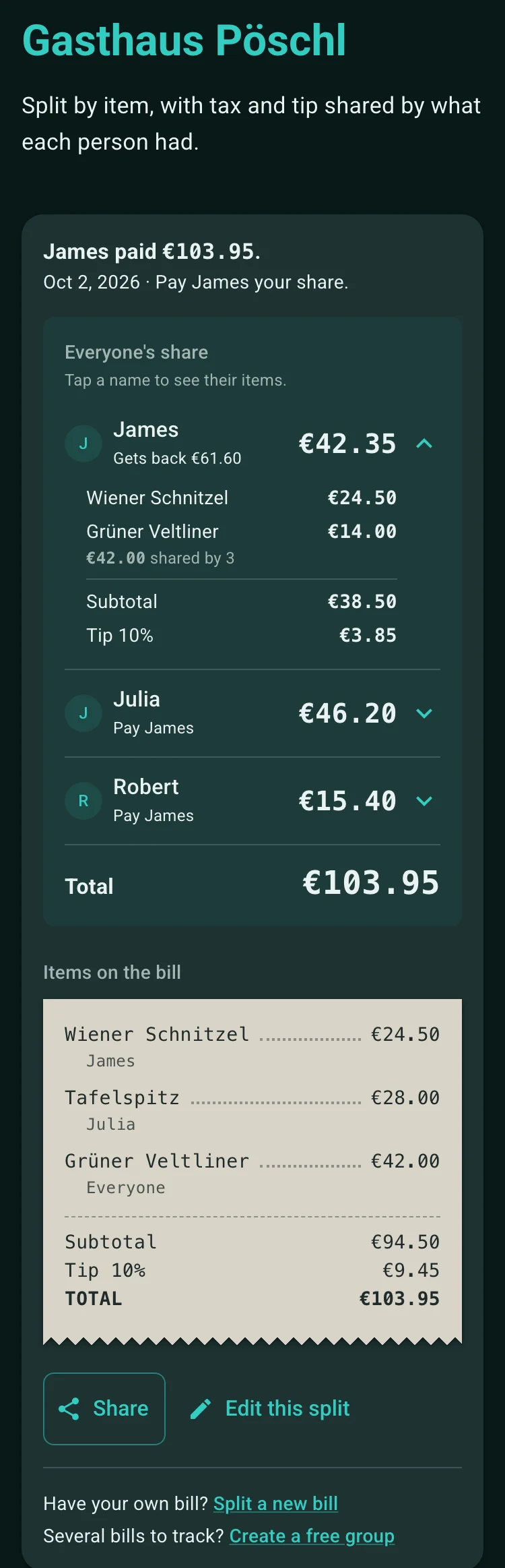 The shared link for Gasthaus Pöschl: James paid €103.95 on Oct 2, 2026. Julia €46.20 and Robert €15.40 each pay James, who gets back €61.60; James’s own €42.35 opened to his items and tip, then the bill’s three items and who had each