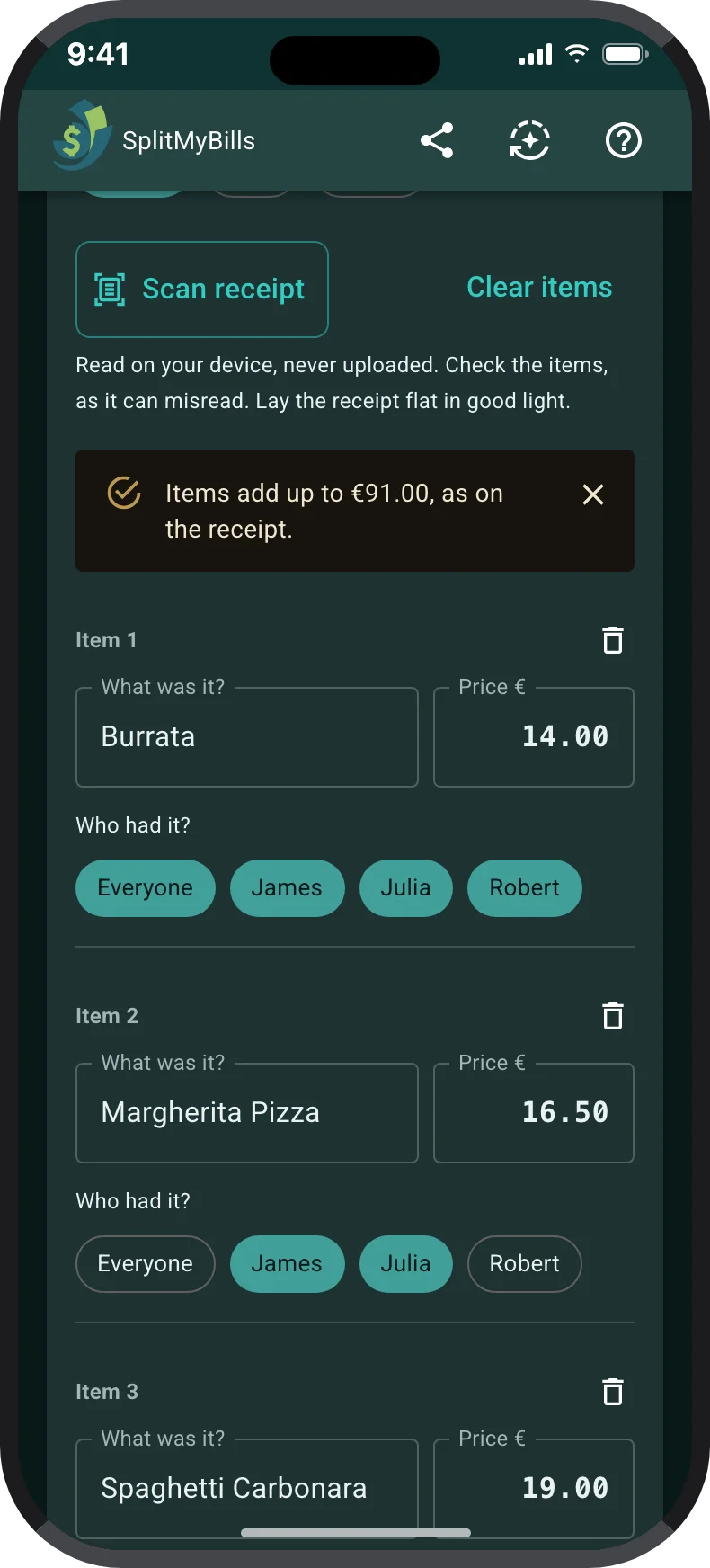 A receipt from Trattoria Da Luca scanned into the bill splitter, with a check that the items add up to €91.00, as on the receipt: Burrata €14.00 shared by everyone and a €16.50 Margherita Pizza shared by James and Julia