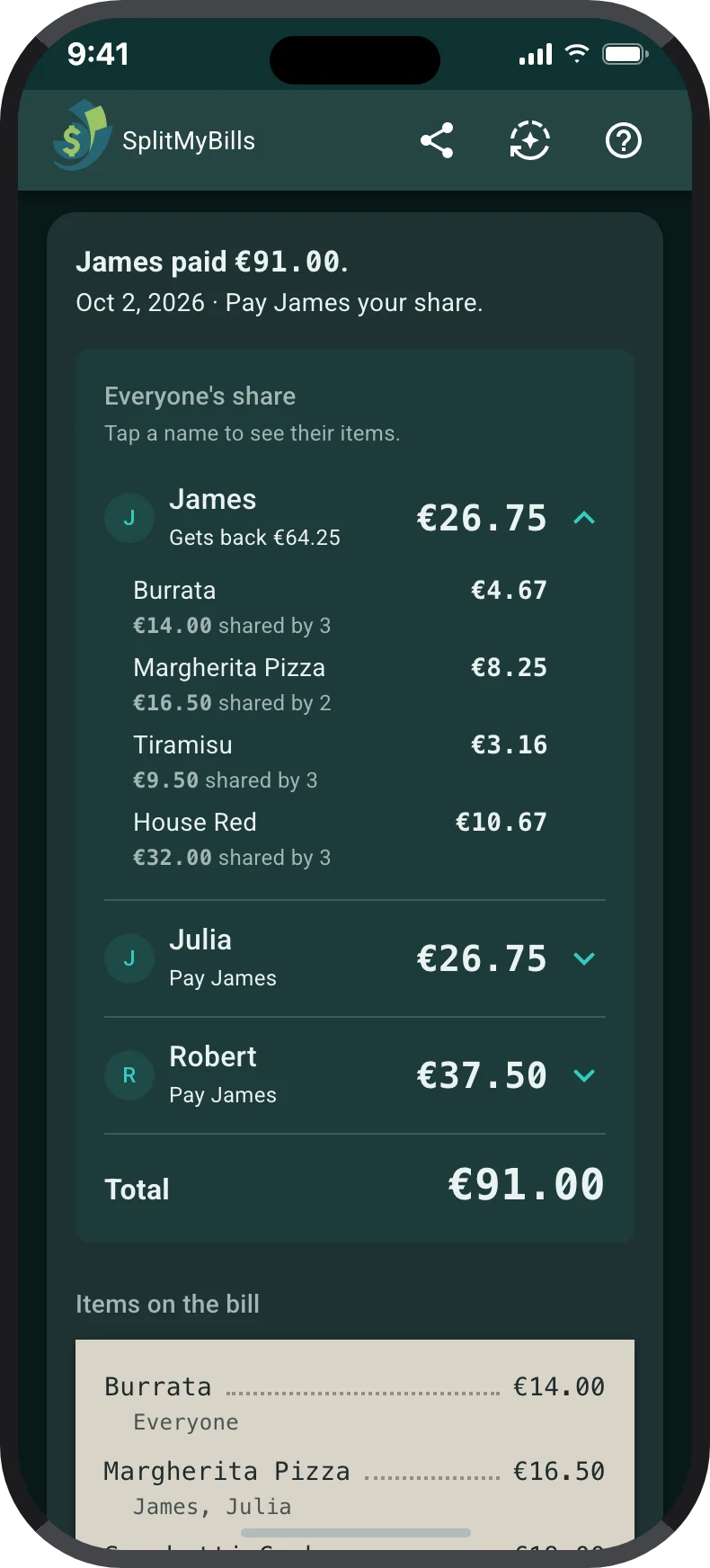 The shared link for Trattoria Da Luca: James paid €91.00 on Oct 2, 2026. Julia €26.75 and Robert €37.50 each pay James, who gets back €64.25, then the bill drawn as a receipt with who shared each dish
