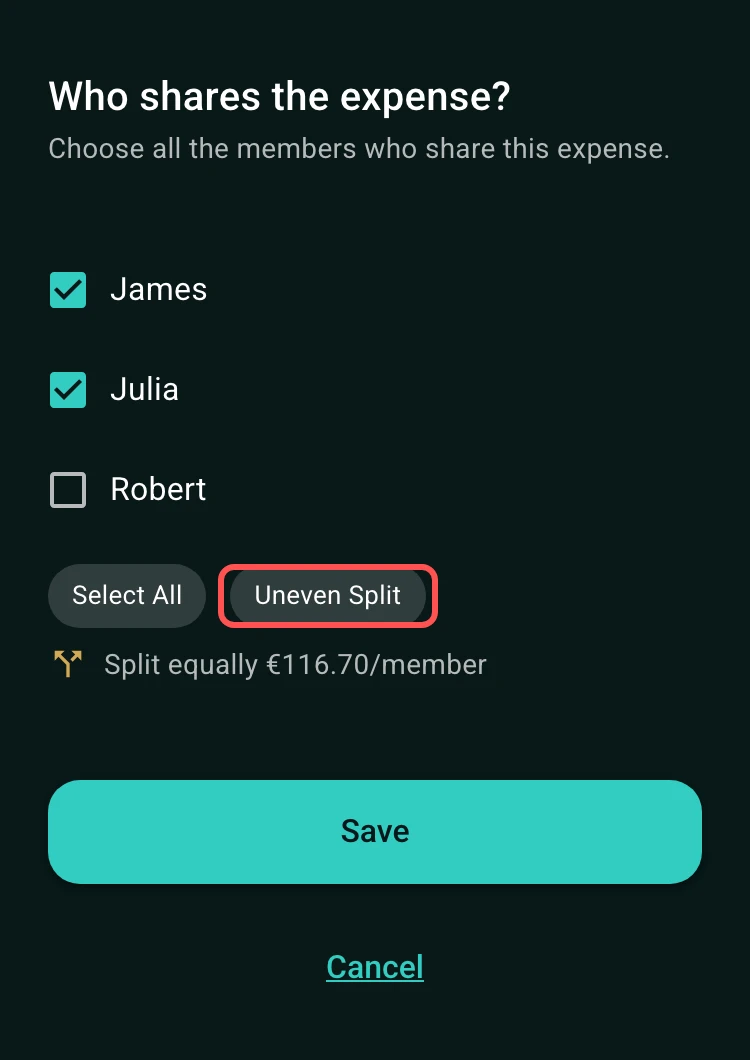 Expense participant selection screen with an uneven split option